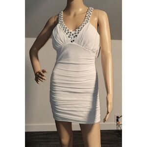 Sexy Women White Lace Rhinestone  Mini Club Party Cocktail Dress Small N9073